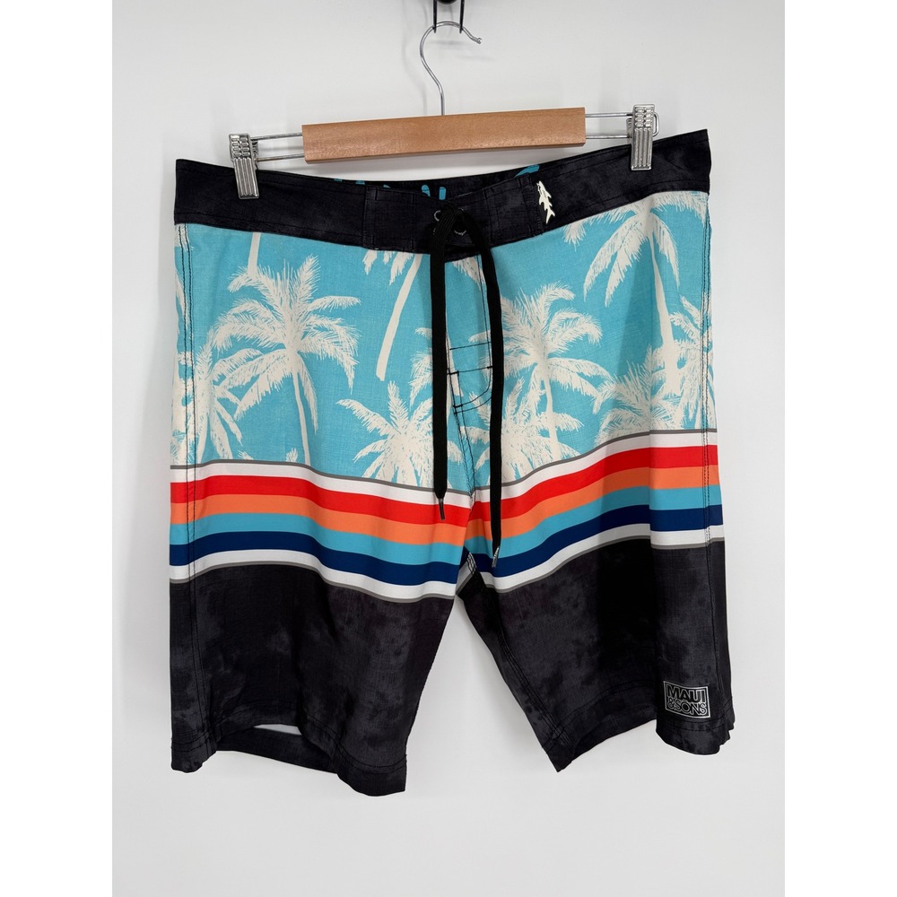 Maui and Sons Mens Board Shorts Blue Palm Tree Striped 4-Way Stretch Sz 34